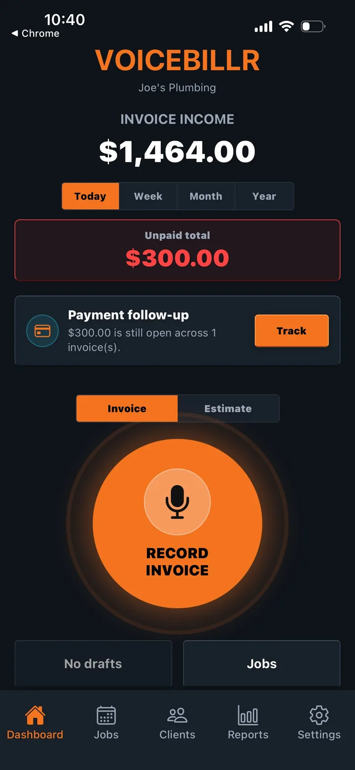 VoiceBillr dashboard showing income, unpaid invoices, and record invoice button