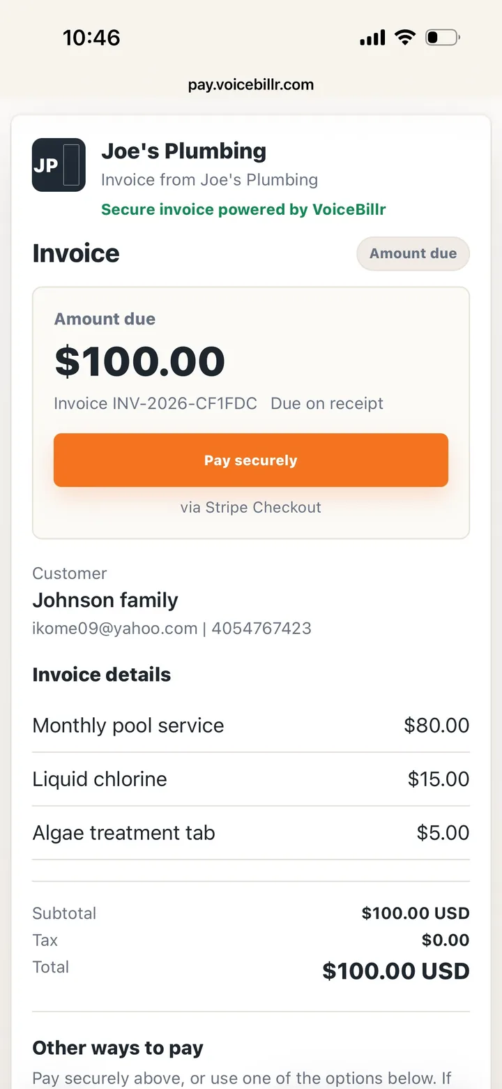 VoiceBillr customer payment link preview