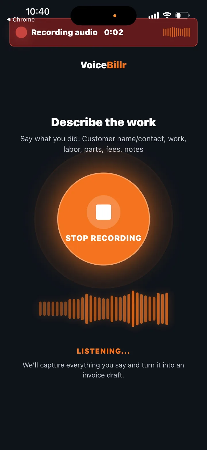 VoiceBillr recording screen