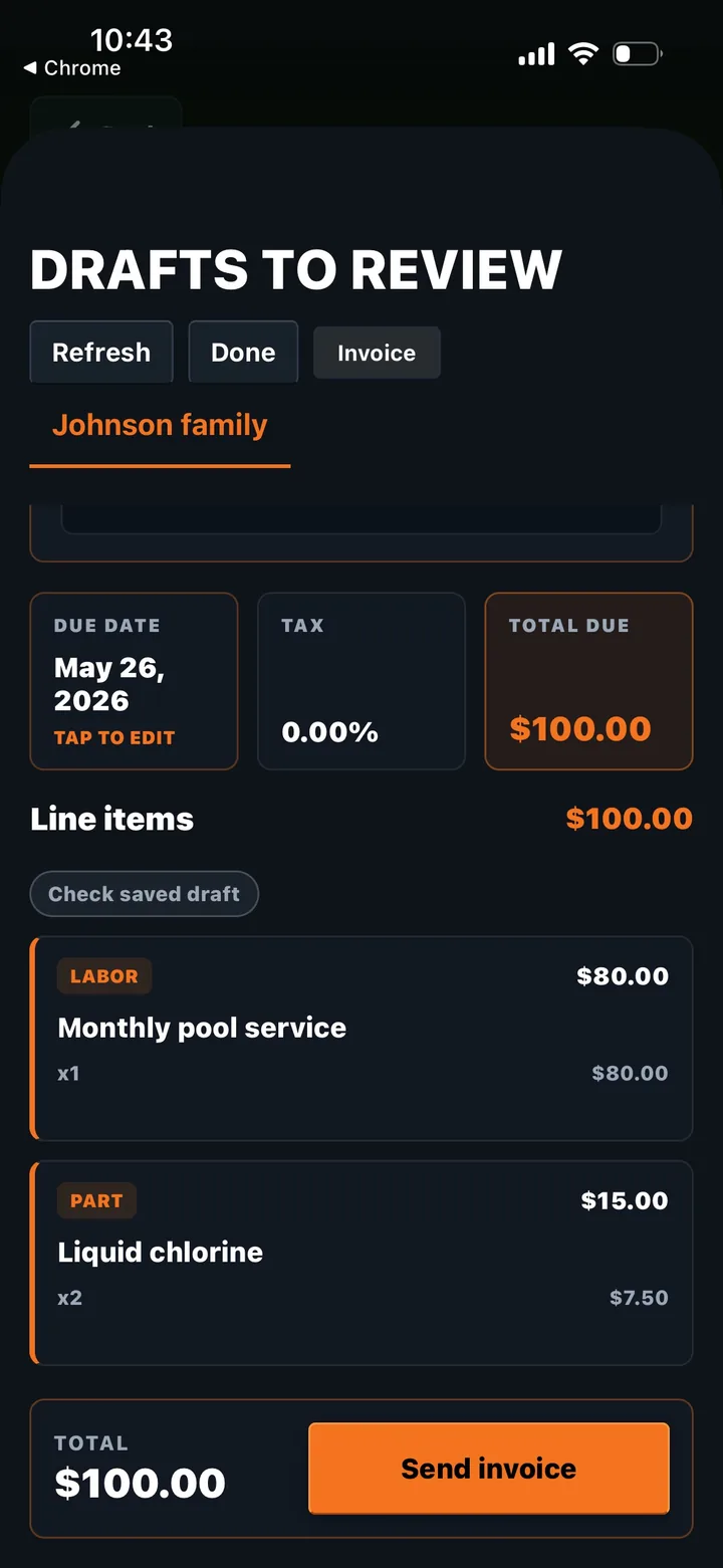 VoiceBillr draft review screen
