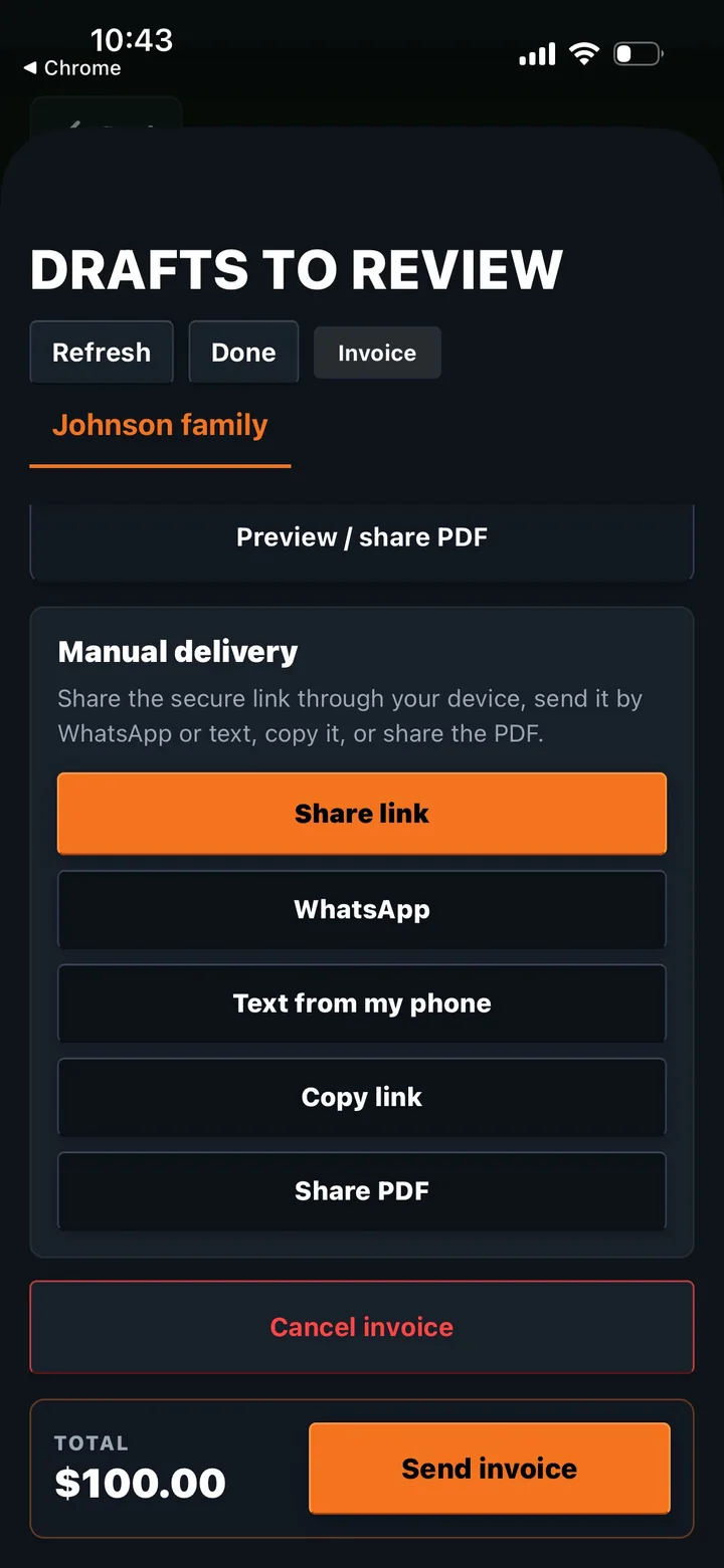 VoiceBillr send invoice screen